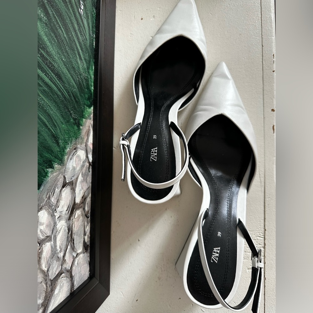 ZARA white low block sling back heels